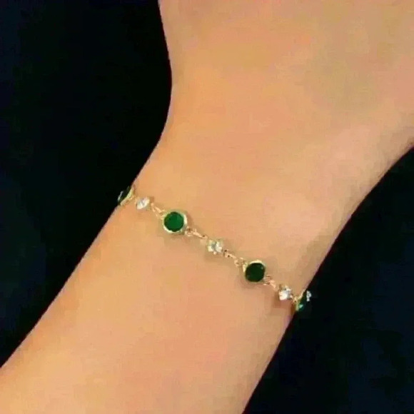 Jewelry - New Gold Bracelet, Green and Clear Stones, Dainty